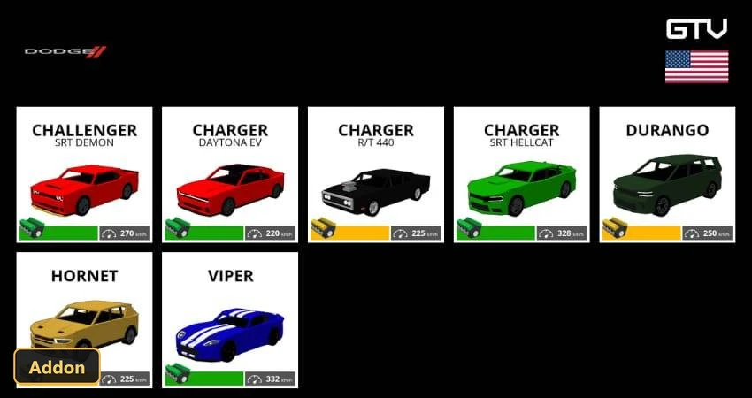 GTV DODGE CARS (26+, 1.21) – MCPE/Bedrock Addon