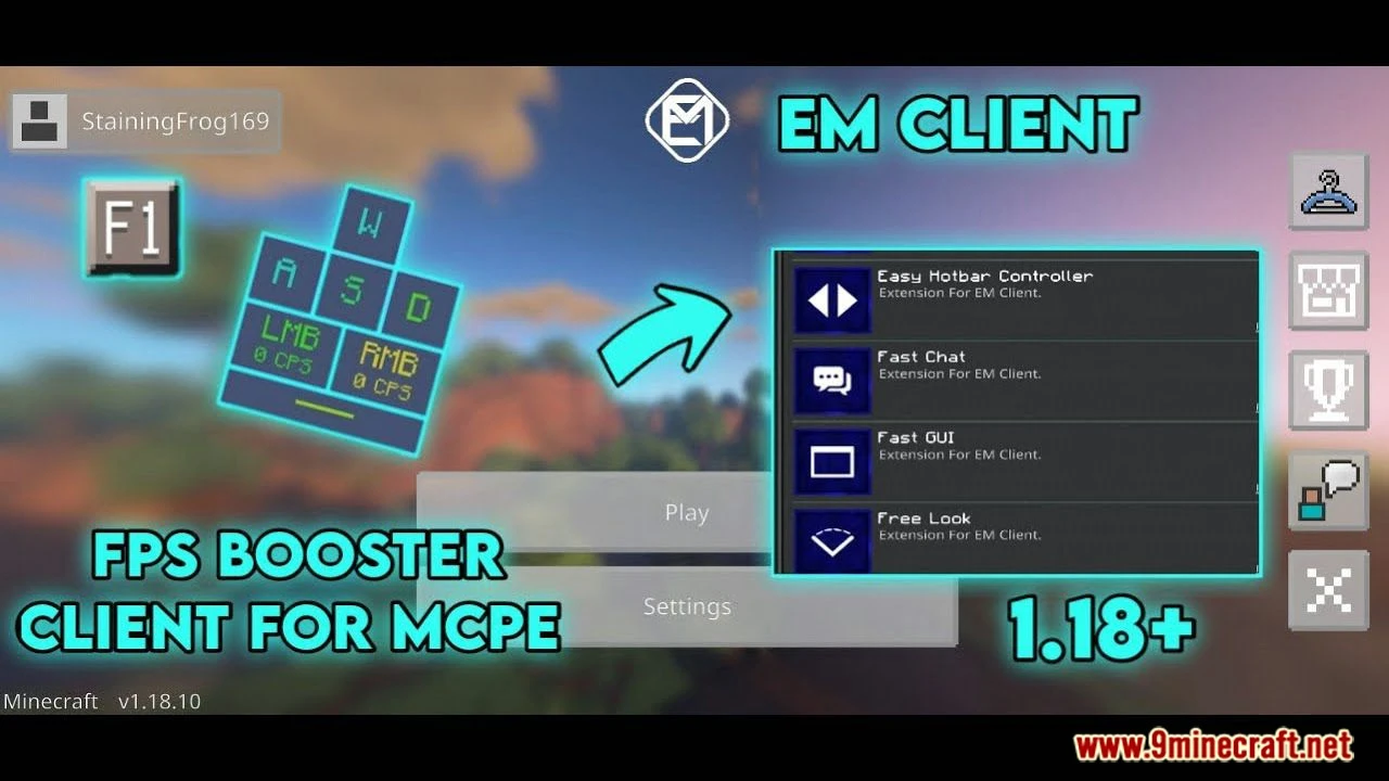 EM Client (26.x, 1.21) – Full Bright, ESP, F1, Hotbar Buttons — screenshot 1