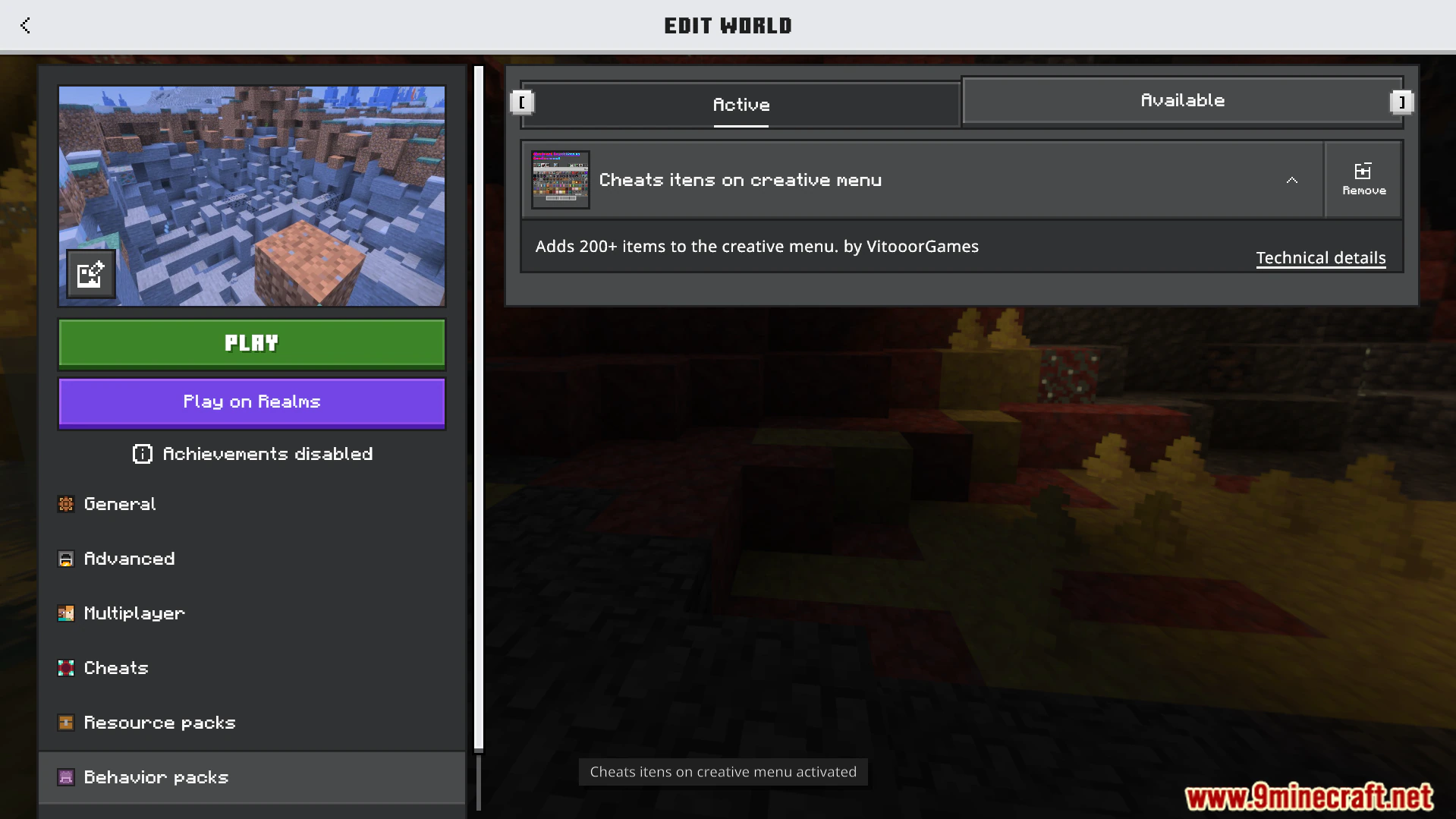 Cheats And Secret Items In The Creative Menu Addon (26.x, 1.21) – MCPE/Bedrock — screenshot 1