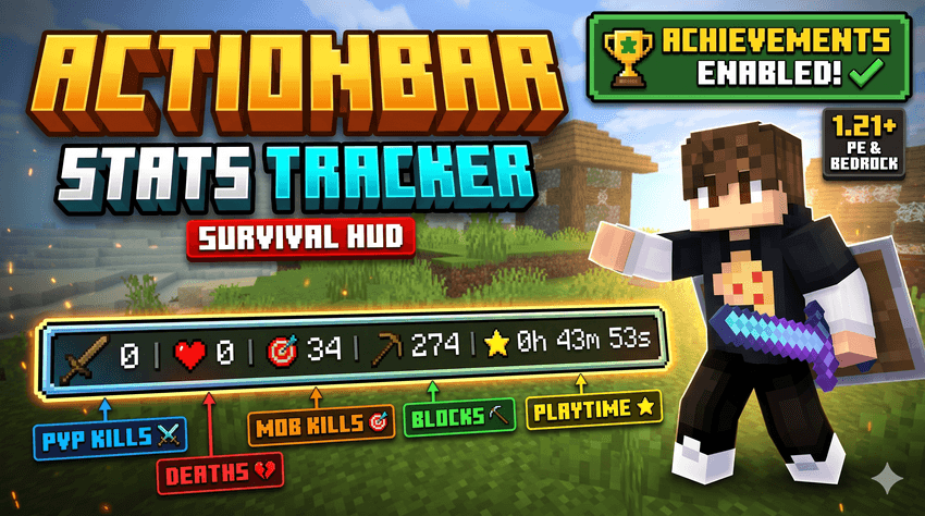 Actionbar Stats HUD - Player Kills, Mob Kills, Deaths, Blocks & Playtime Counter — screenshot 1